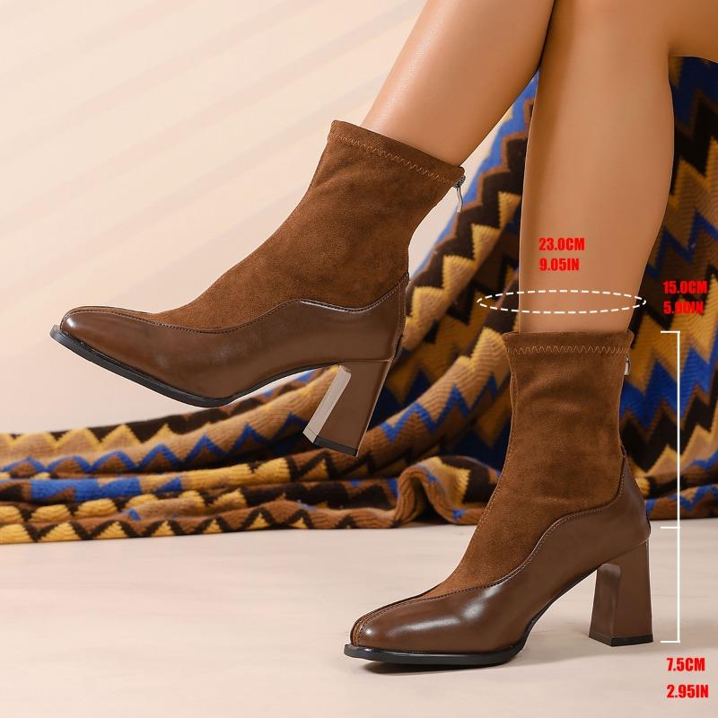 Bottines Vintage à Talons Épais et Bout Carré pour Femmes Fermetures Éclair Arrière Automne Hiver Chaussures à Talons Hauts Dames Élégantes Amincissantes Bottines Courtes