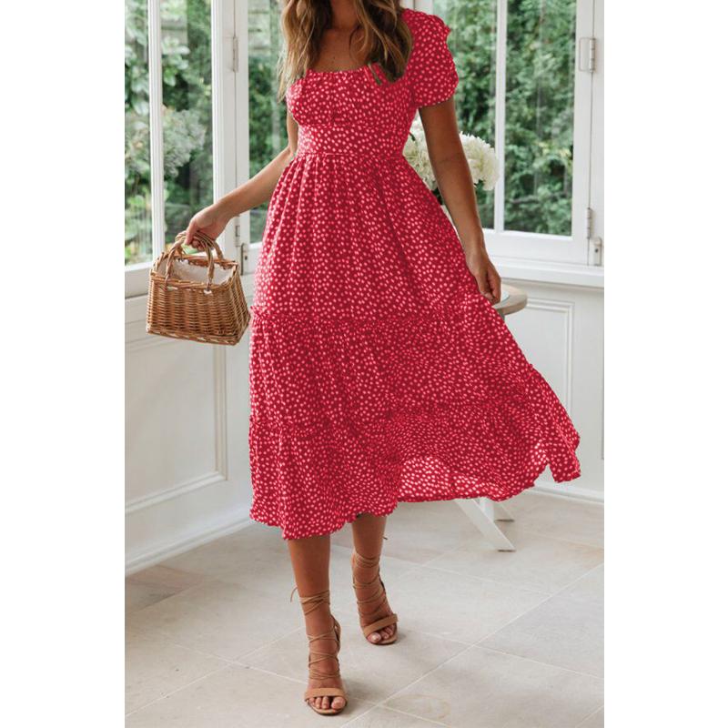 Women's French Vintage Floral Print Midi Dress Square Neck Puff Short Sleeve High Waist Chiffon Tiered Summer Casual Holiday Party Ladies Dress