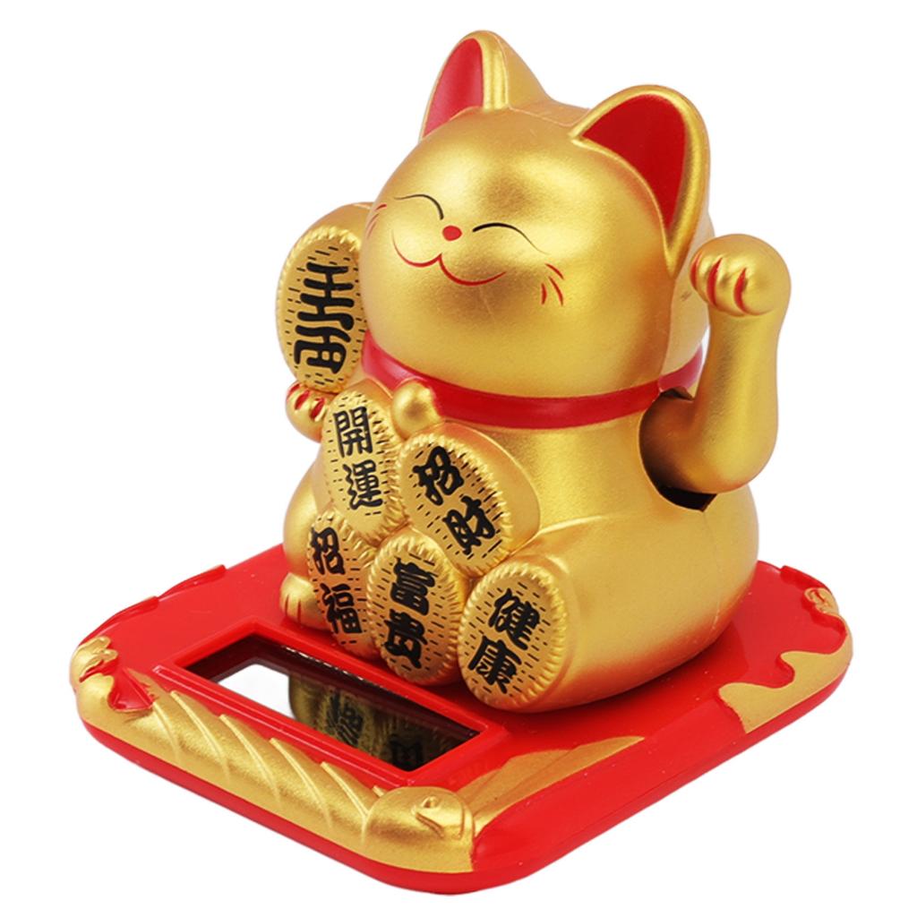Solar Powered Waving Cat Wealth Welcoming Solar Cute Happy Lucky Cat Fortune Cat Statue Ornament for Home Car Decor