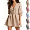 Women's  Plaid Tie-Front Babydoll Dress With Ruffles, Puff Long Sleeves, V-Neck, Peplum Waist, Sundress For Beach