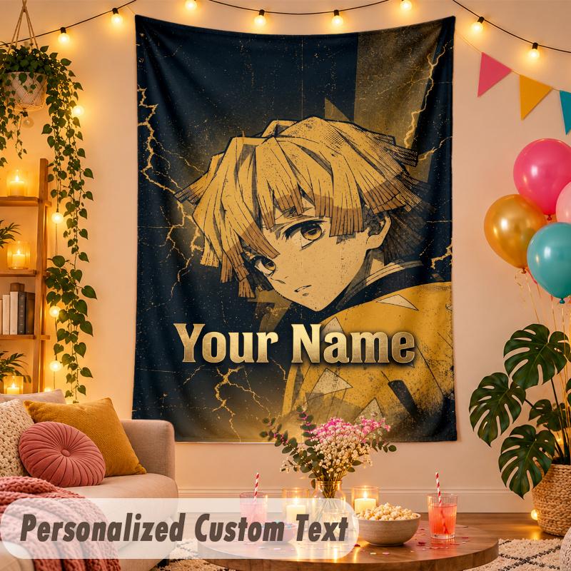 Zenitsu Agatsuma Personalized Wall Tapestry Custom Name Text Polyester Hanging Decor Home Room