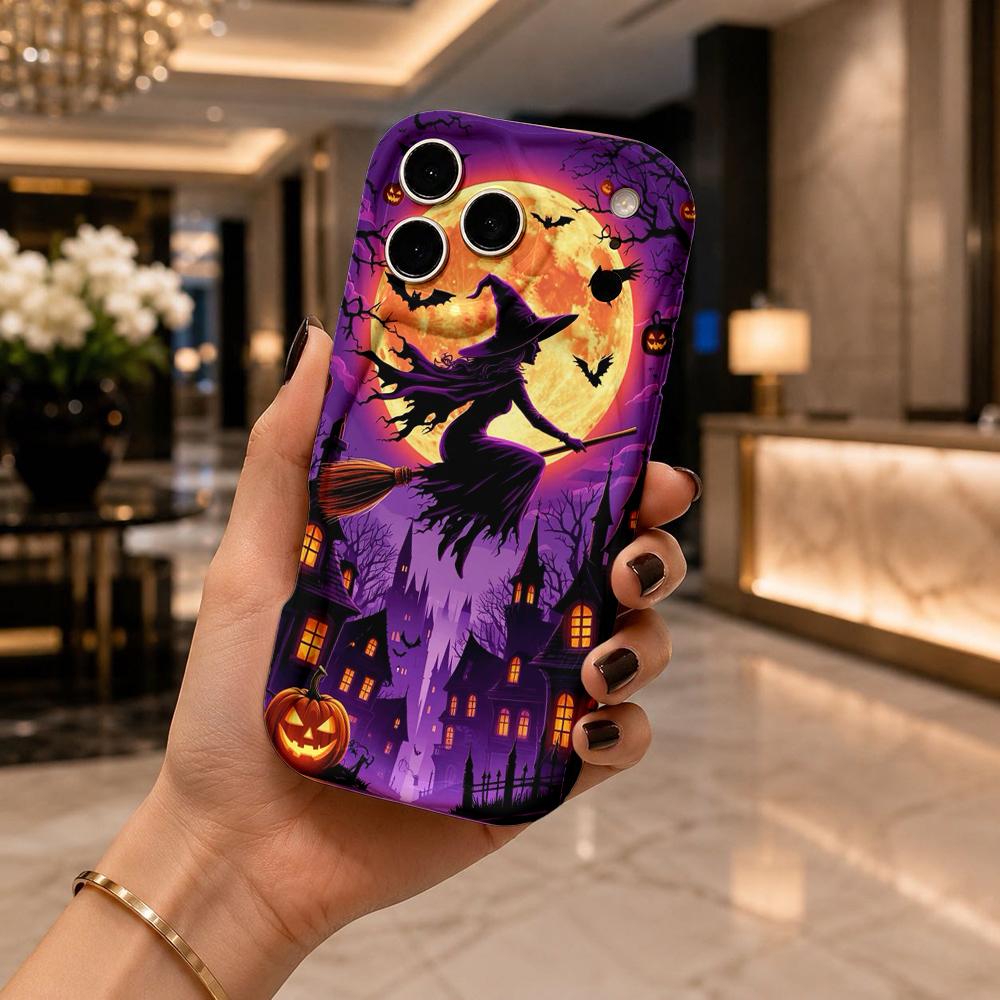 Wavy Edge Phone Case For iPhone 16 15 14 Pro Max 13 12 11 Mini XR XS SE Halloween Flying Witch Castle