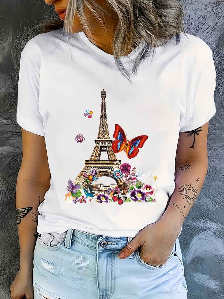 Eiffel Tower Floral Butterfly Print T-shirt