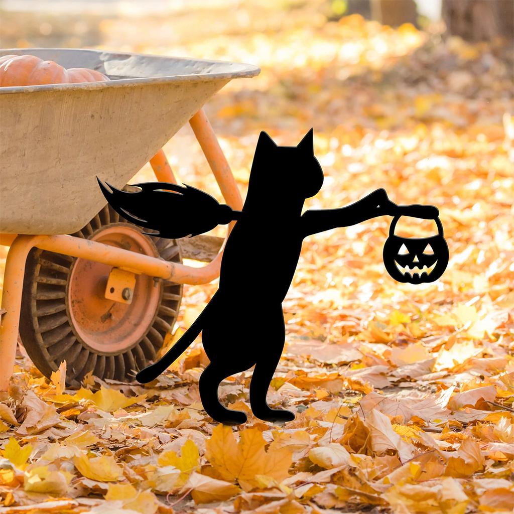 1Pc Iron Black Cat Garden Decoration Ground Plug, Halloween Garden Pile, Halloween Cat Logo, Dancing Cat Garden Decoration, Halloween Outdoor Decorat