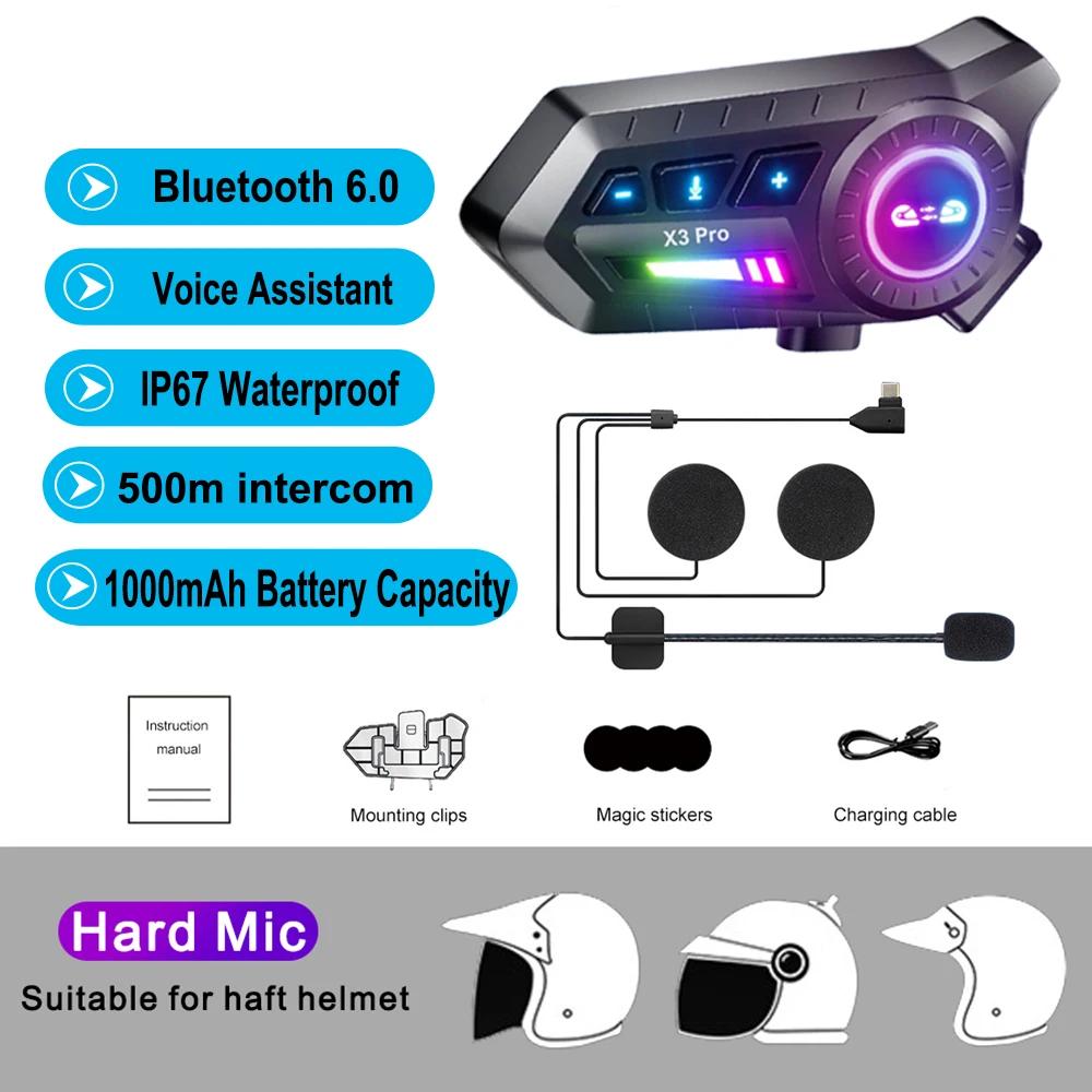 KEBIDUMEI 1/2x Motorcycle Intercom Headset Helmet BT 6.0 For 2 Riders intercommunicator 500M Support FM with Ambient light