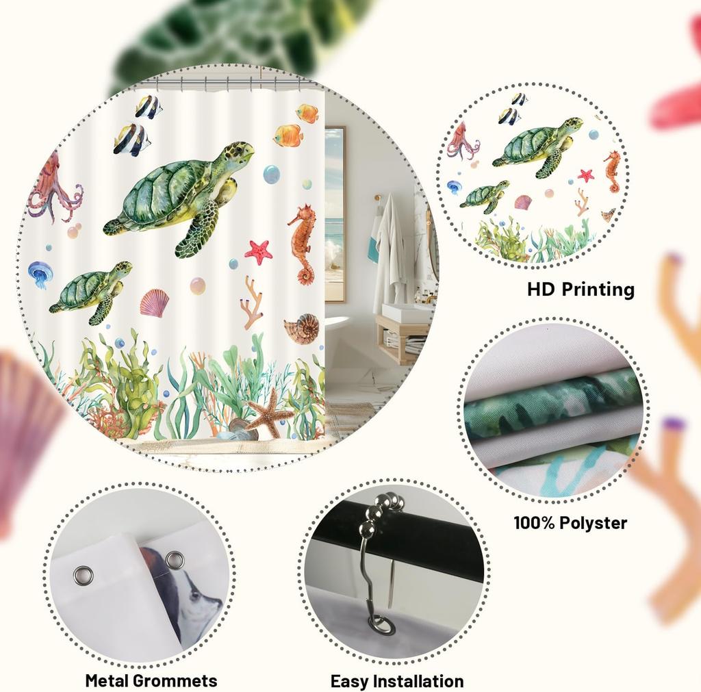 Cute Sea Turtle Shower Curtain Ocean Octopus Fish Shower Curtain for Bathroom Waterproof Fabric Bathroom Curtain with 12 Hooks