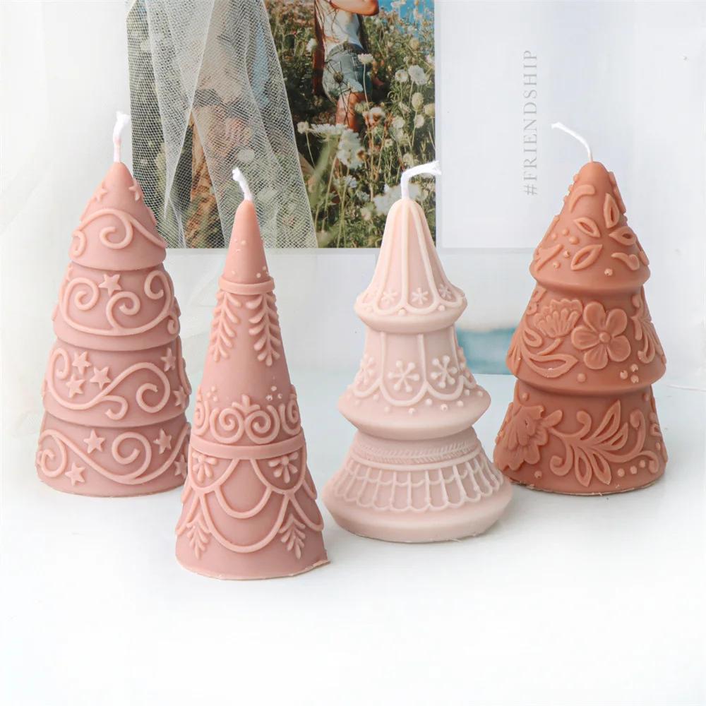2025 Christmas tree candle silicone mold embossed pattern cone Christmas tree mould Christmas gift lace Santa tree resin molds