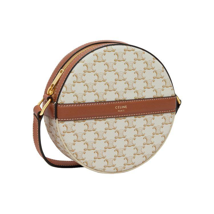 Celine Triomphe Classic Monogram Print Zipper Closure Canvas And Lambskin Round Bag Women Shoulder Bag White 10G342CAM-01TA