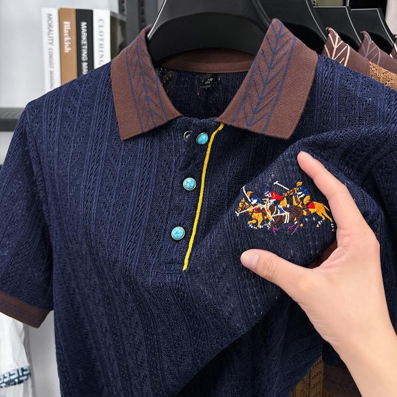 New Short-sleeved T-shirt Men's Autumn Knitted Sweater Embroidered Pattern Matching Jacquard Top