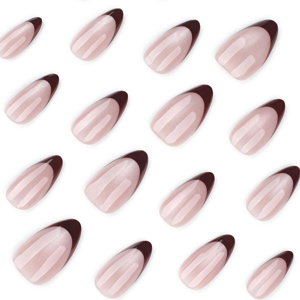 Cat Eye Glitter Brown French Almond Short False Nails - Hot Selling Fall/Winter Tips