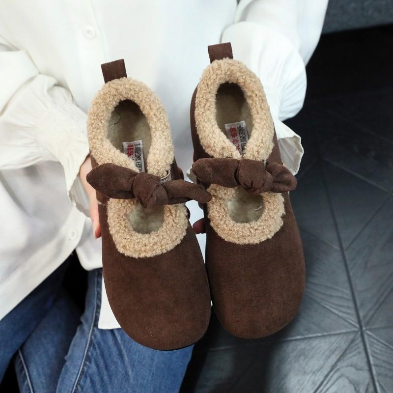 Winter soft-soled Mary Jane women's shoes retro bow Birkenstocks, ugly cute fluffy shoes cotton shoes
