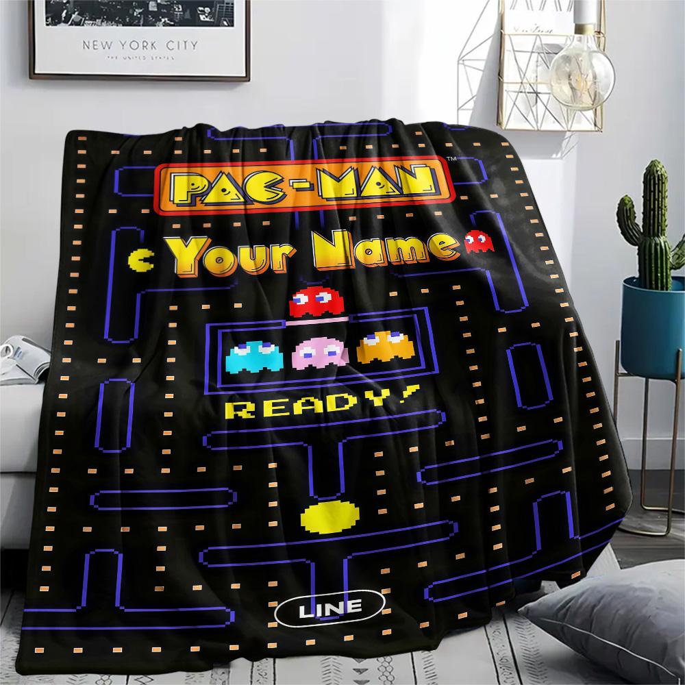 1PC Custom Name Pac-Man Patterned Flannel Blanket Suitable For All Seasons for Home Decor Warmth and Comfort Gifts Holiday Present -HE165