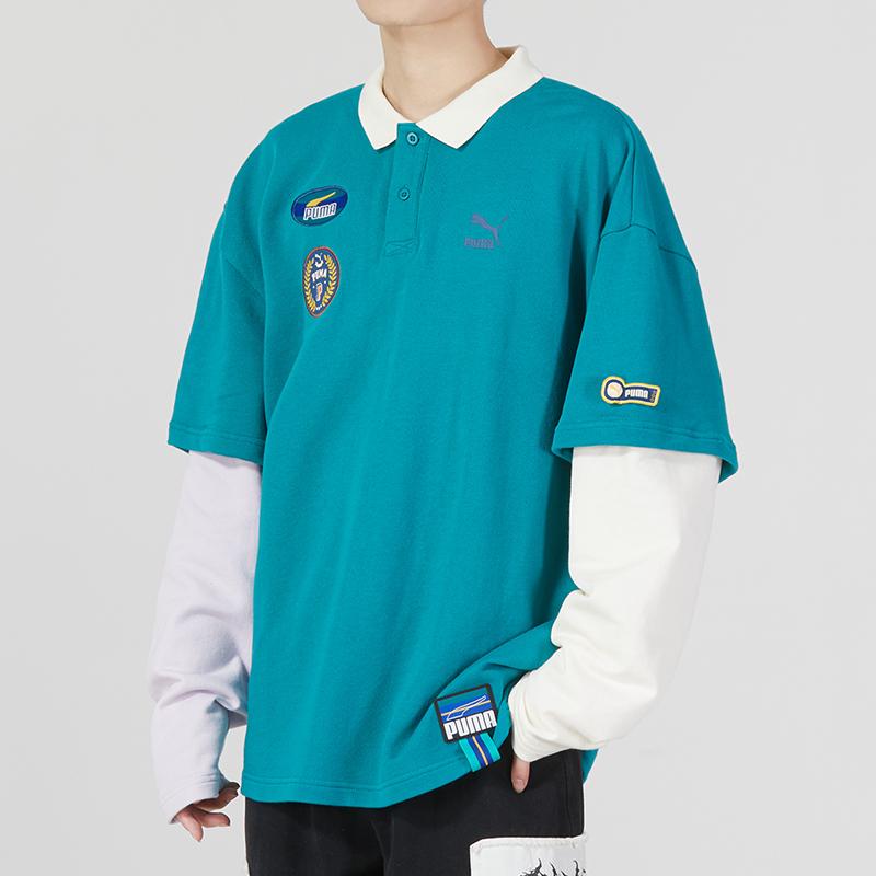 Puma Team Badge Polo Long Sleeve Logo Print Mock Two-Piece Polo Shirt Men tops Peacock-Green 677381-85