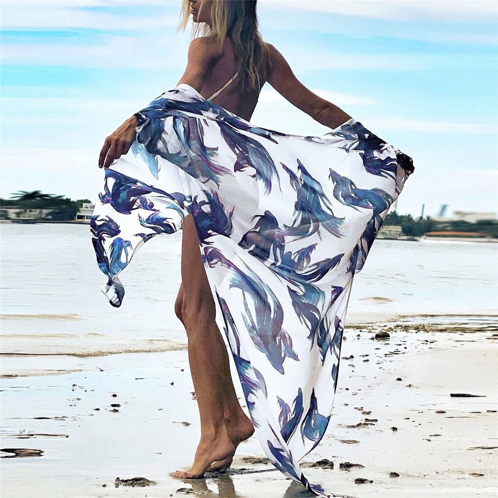 Women's Fashion Chiffon Printed Cardigan Loose Five-Part Sleeve Beach Cover-Ups