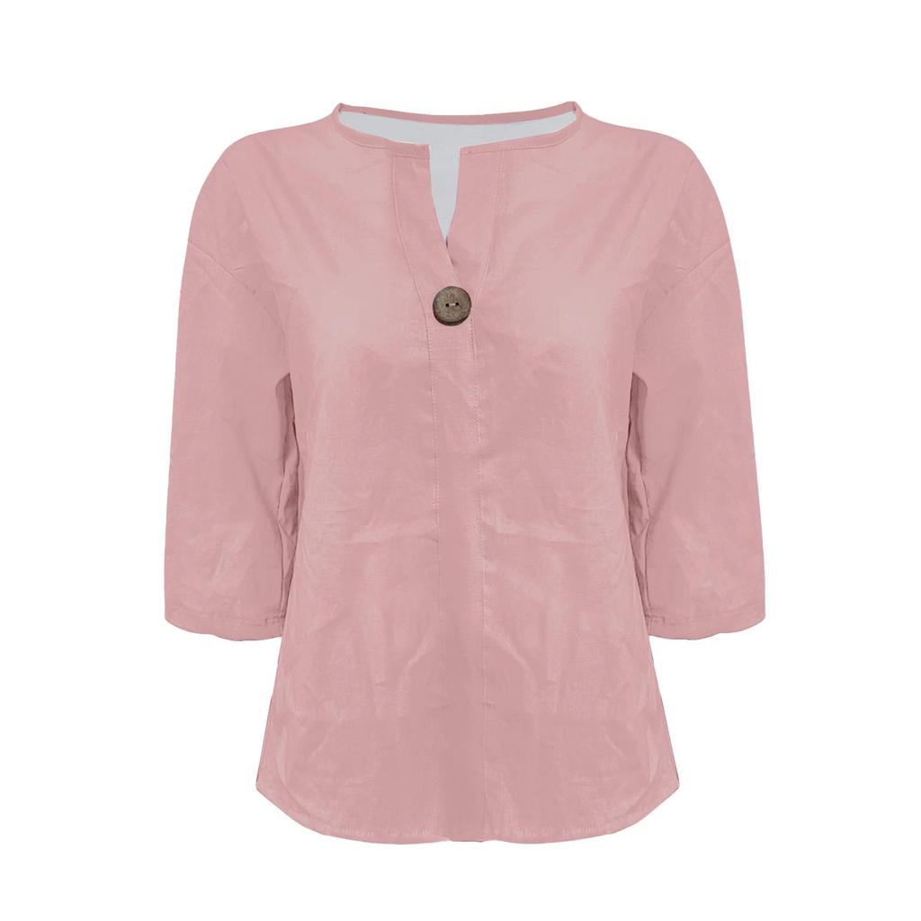 2026 Women's European & American V-neck Cotton Linen Button-up Loose T-shirt