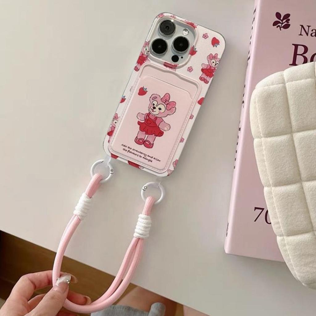Bolsa de Cartão com Cordão Pendurado Capa de Telefone Saia Vermelha Urso para Apple 17PROMAX Casal Furo Grande Capa de Telefone Bolsa de Cartão Simples
