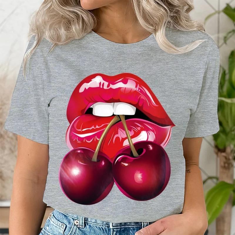 Summer Fashion Women's T-Shirt Lips Cherry 3D Printed Short Sleeve Tops Girl Loose Casual Loose Oversize Outdoor Clothing