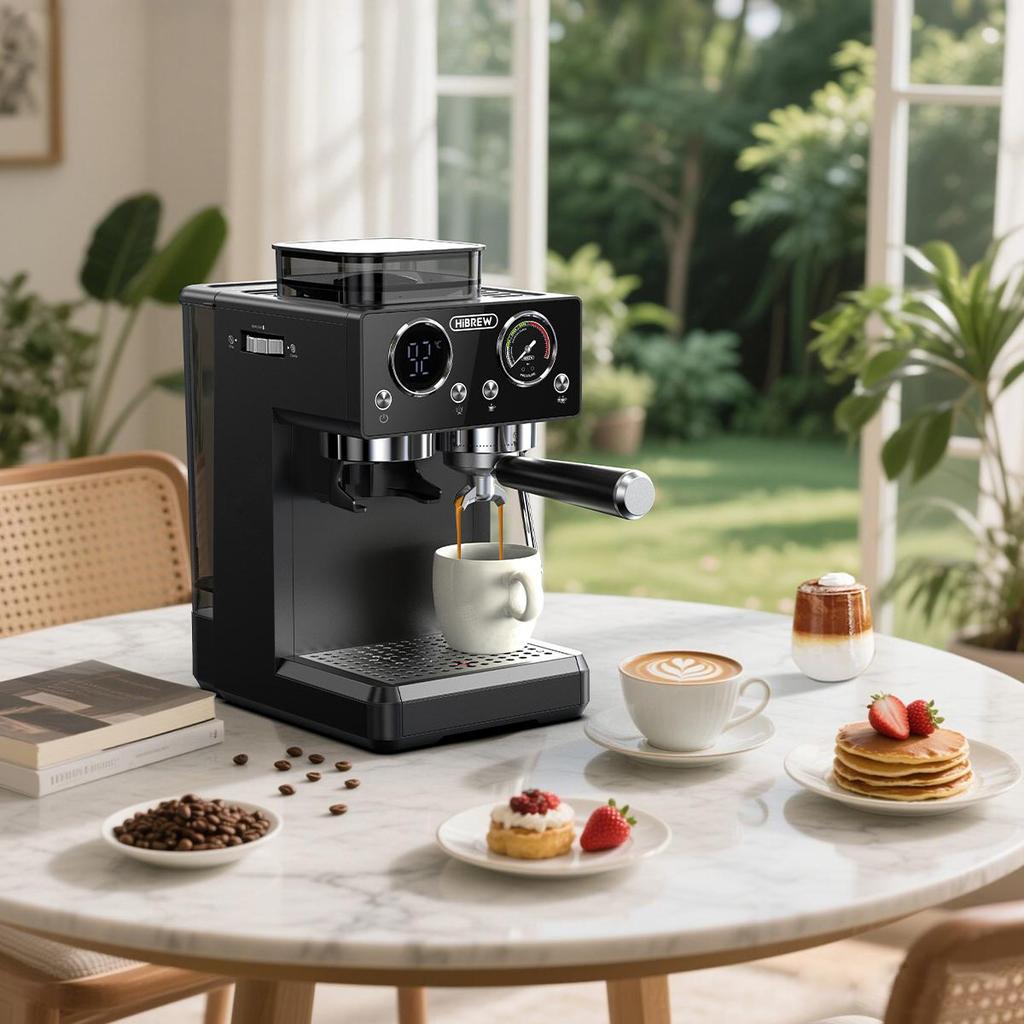 HiBREW Ekspres do kawy H20 Espresso 1350W 20Bar z wbudowanym młynkiem, spieniaczem do mleka, 20-stopniową regulacją mielenia, zbiornikiem na wodę 1,8L