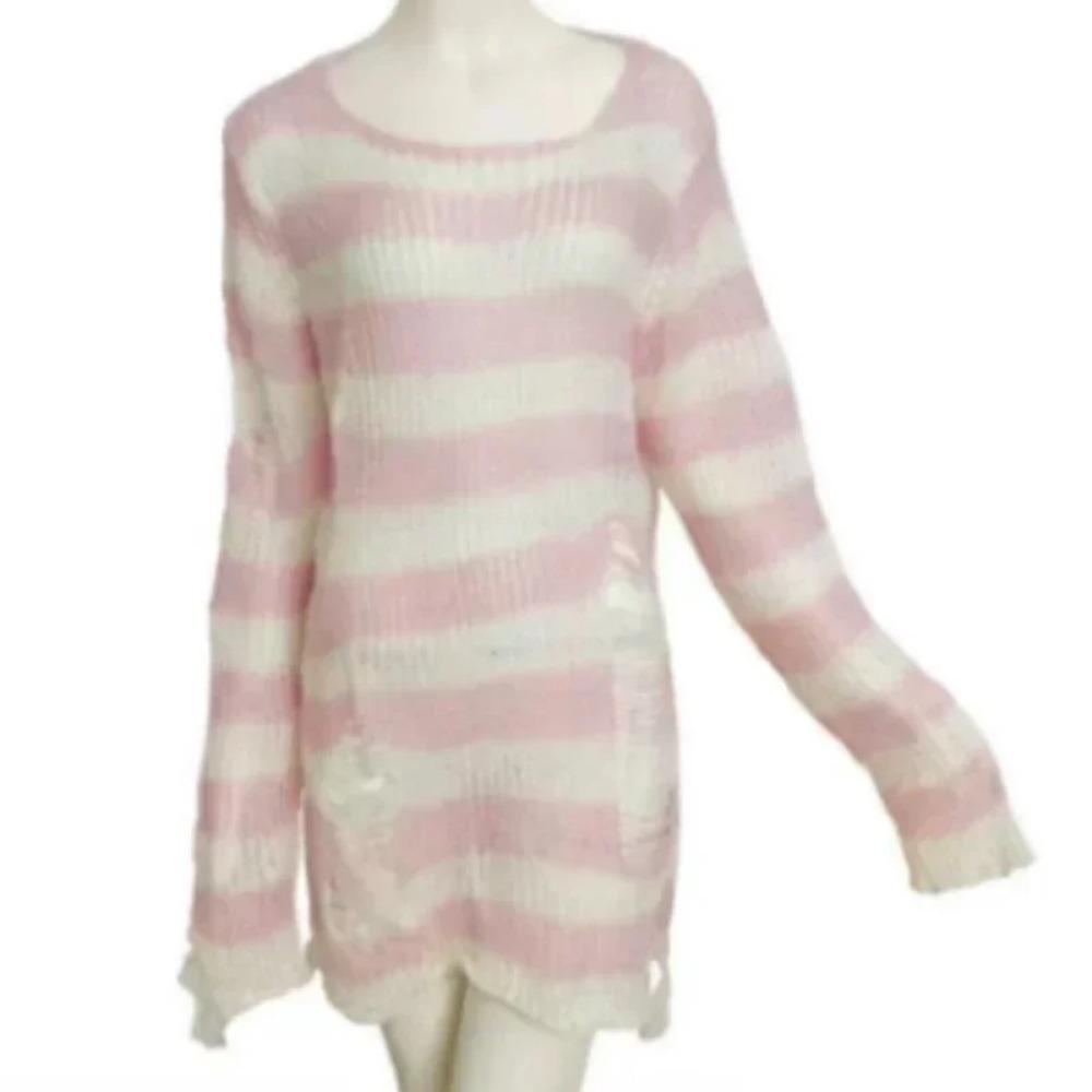 New Goth Punk Gothic Sweater Oversized Pullovers Women Striped Cool Hollow Out Hole Broken Jumper Harajuku Aesthetics Sweater