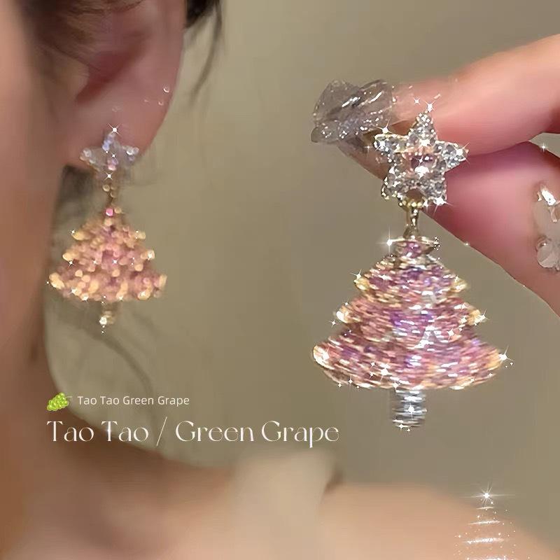 Elegant Snowflake Pearl Christmas Tree Zircon Earrings - Light Luxury Fashion Studs for Women