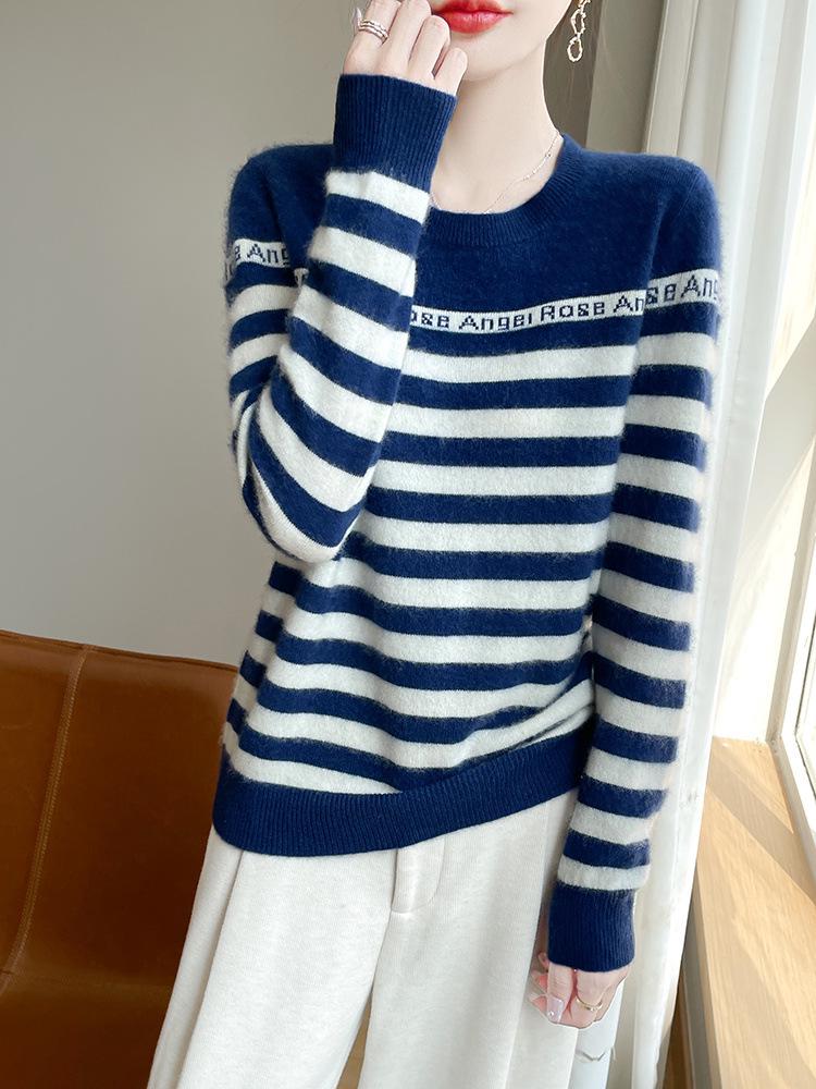 Women's Striped Crew Neck Wool Sweater - Autumn/Winter Loose-Fit Cashmere Knit