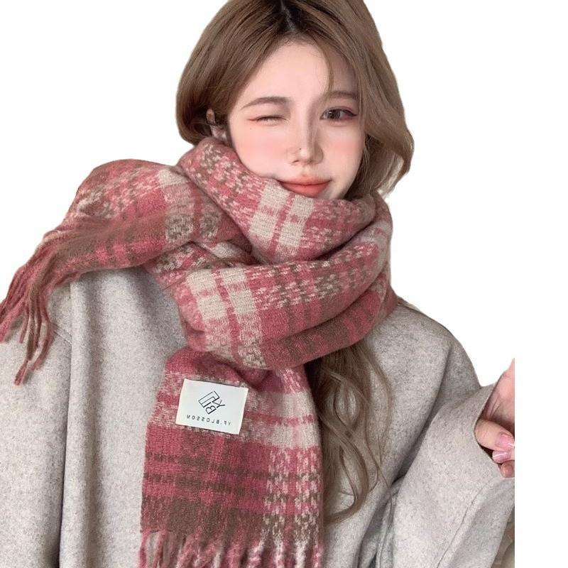 Autumn and Winter Popular Dry Rose Pink Plaid Scarf Female Korean Version Versatile Thickened Long Student Atmosphere Scarf