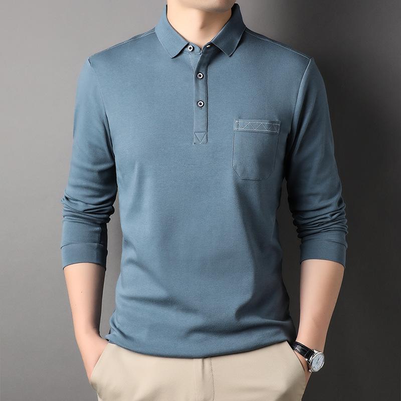 Frühlingsneues Herren-T-Shirt Modisches Lässiges Revers Baumwolle Einfarbig Langarm-T-Shirt mit Taschen