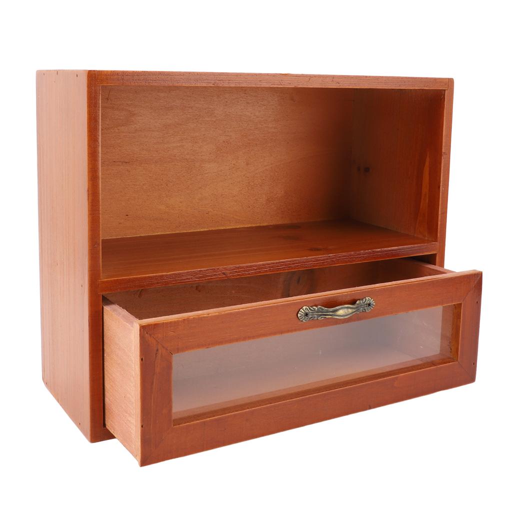 Organizzatore da Tavolo Vintage in Legno Massiccio Vetrina da Scrivania Scatola Portaoggetti con Cassetto Trasparente per
