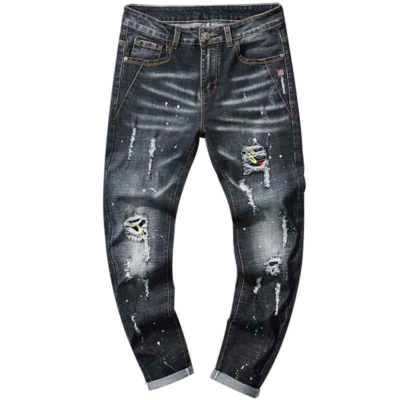 2024 Men'S Perforated Embroidery Slim Fit Elastic Small Straight Leg Jeans Men'S Paint Spray Paint Adhesive Cloth Pants