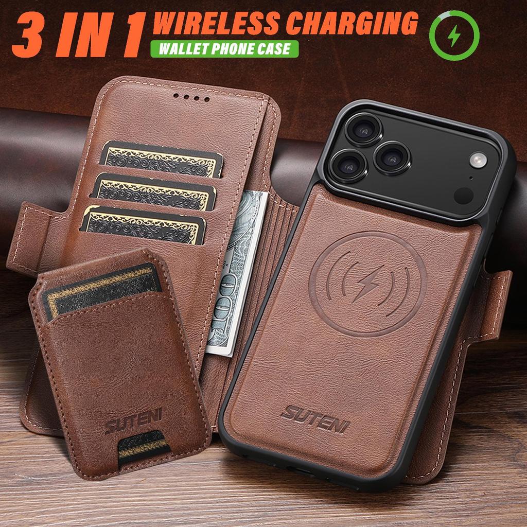 iPhone 17 Pro Max Leather Flip Case with Card Slot, Magnetic Closure, and Wireless Charging Stand