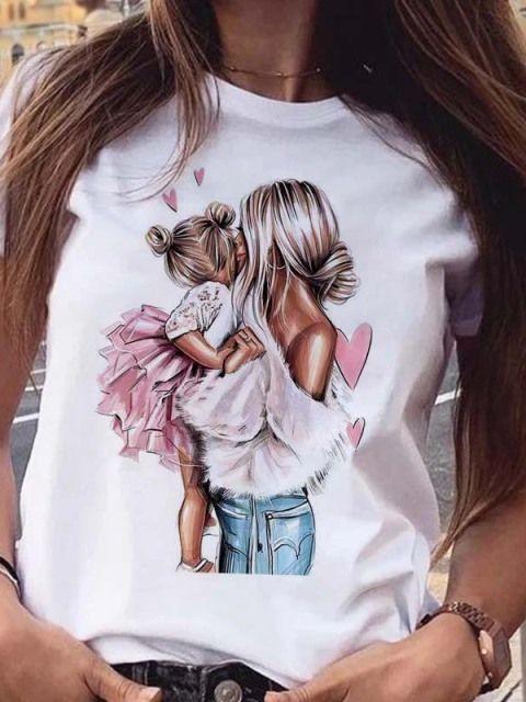 Women T Shirt Cartoon Mom Daughter Son Print Lady Tshirts Short Sleeve Tops Womens Kawaii Graphic Female Tshirt Clothe