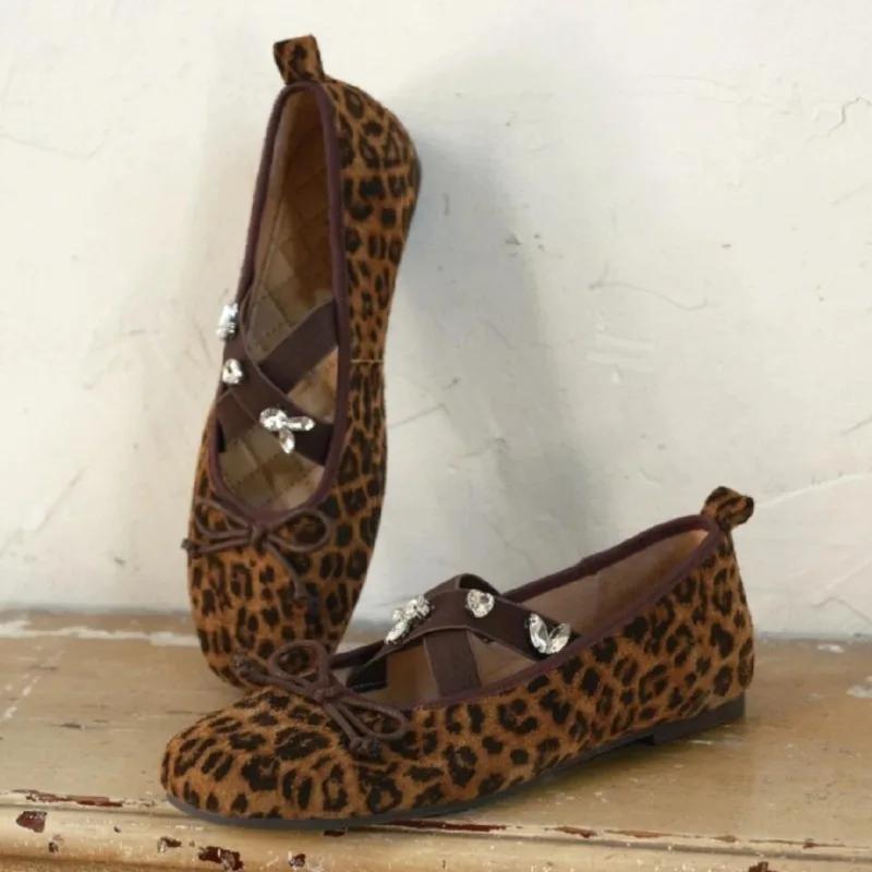 Elegant Embroidered Bow Design Ballet Flats Women Luxury Crystal Cross Tied Leopard Print Mary Jane Shoe Cozy Lightweight Loafer