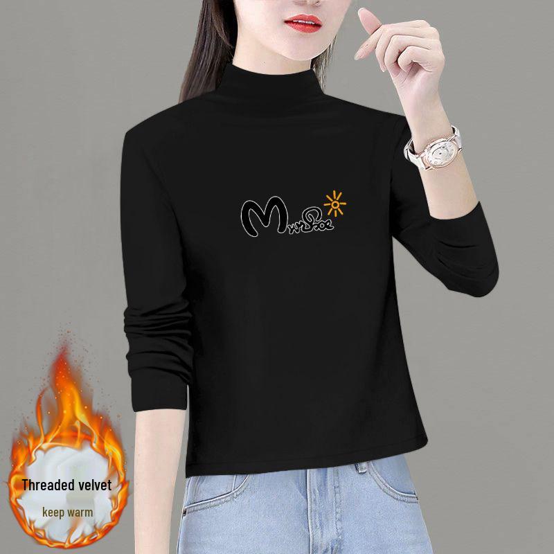Velvet Base Layer Women's Semi-High Neck Thick Long Sleeve T-Shirt - Autumn/Winter 2024 Collection