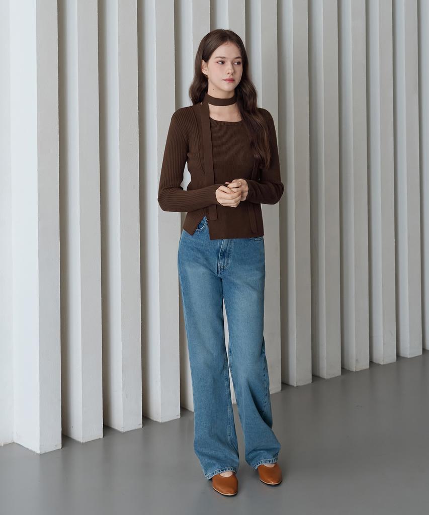 Deuloupisumeon Two-Face Slit Ribbed Knit Top [Black]
