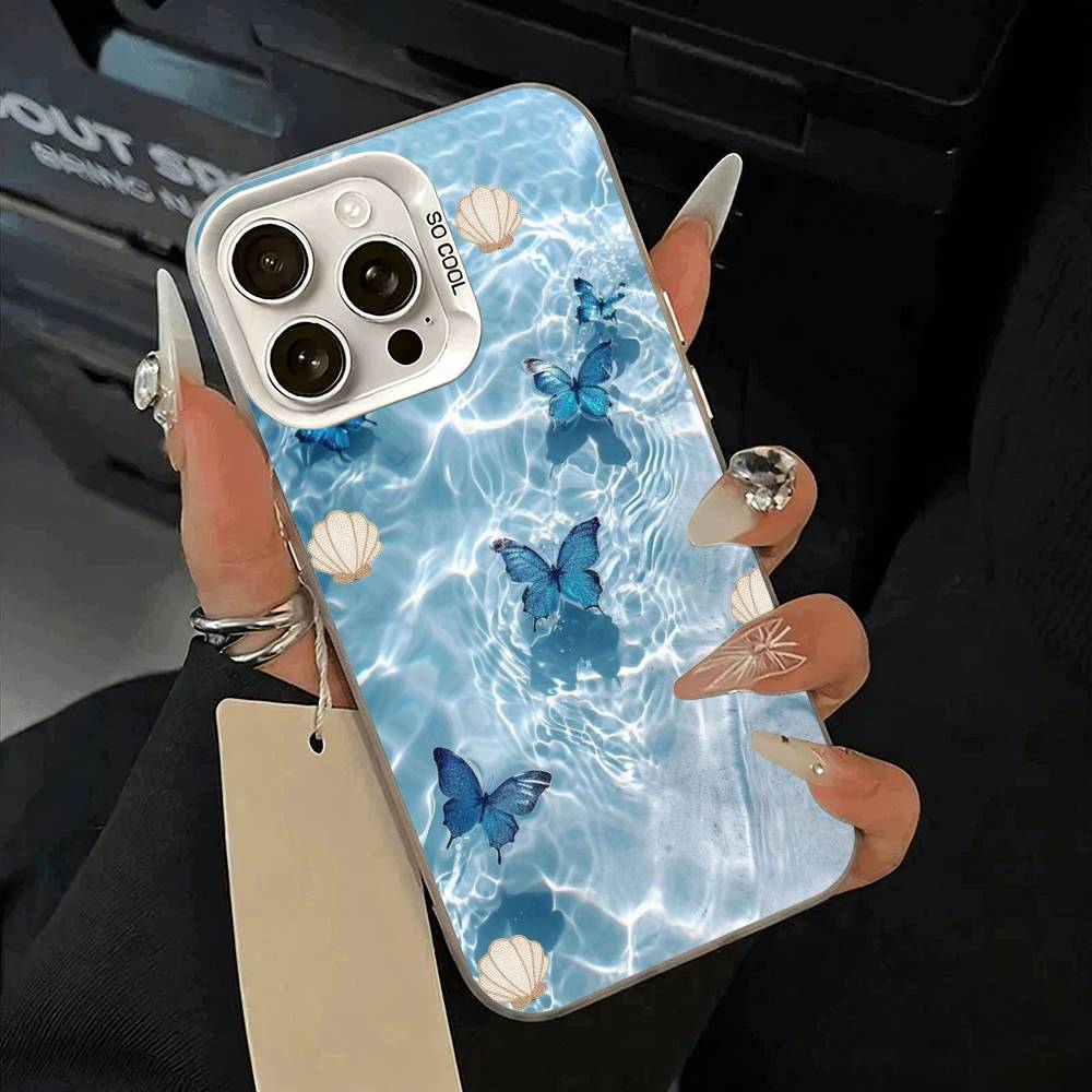 Blue Butterfly Ocean Wave Phone Case For iPhone 17,16,15,14,13,12,11 Plus,Pro Max,XS,white Silver Phone Case