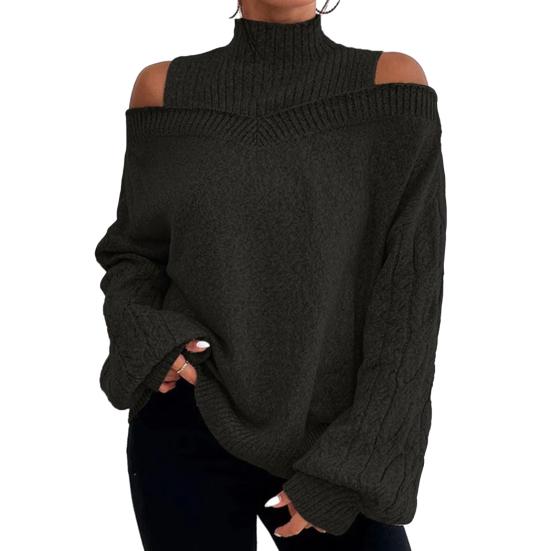 Women Fall Winter Sweater Off Shoulder Long Sleeve Half-high Collar Hollow Out Solid Color Loose Knitted Pullover Elastic Soft Warm Lady Top