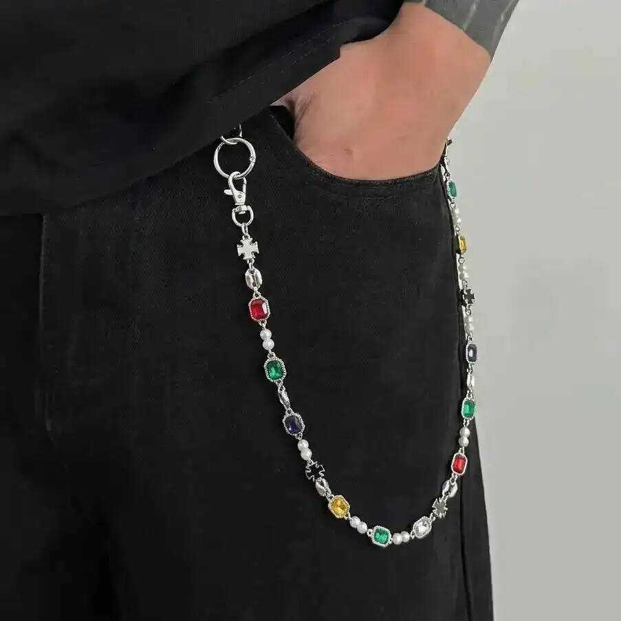 IngeSight.Z New HipHop Luxury Imitation Pearl Keychain Belt Chain Men Creative Punk Trouser Jeans Pants Chain Jewelry Accessory