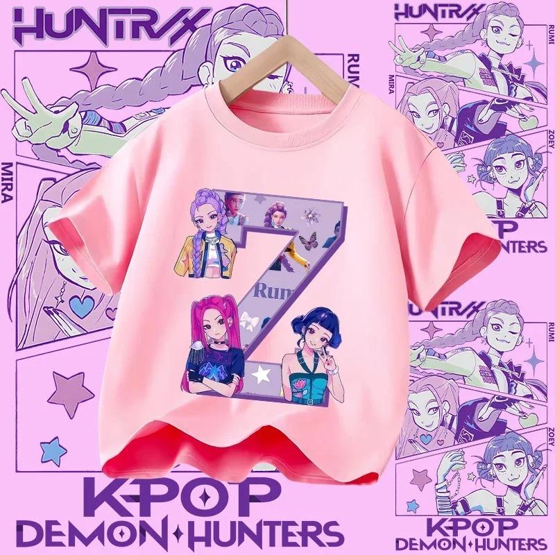 2026 Girls Cotton Tshirt Letters AZ Kpop Demon Hunter Sports Tshirt Short Sleeve Casual Tshirt for Summer Pink Y2k 100