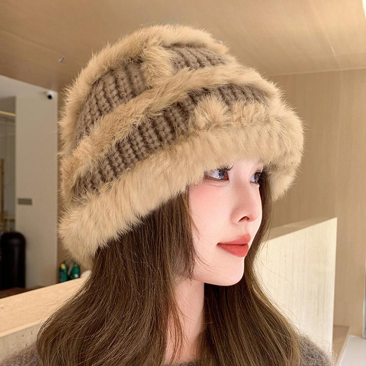 Chapeau seau tricoté en fourrure de lapin pour femme, nouveau chapeau de bassin thermique épais en peluche montrant un petit chapeau de fourrure pour le visage, hiver 2023