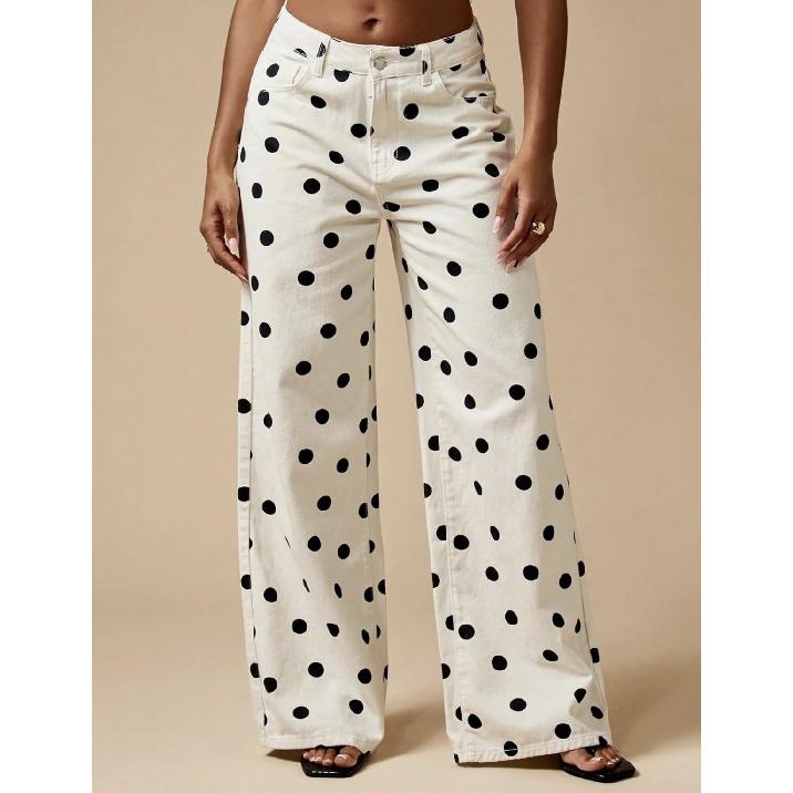 2026 New Printed Loose Casual Fashion Women s Mid-Waist Non-Stretch Polka Dot Jeans S