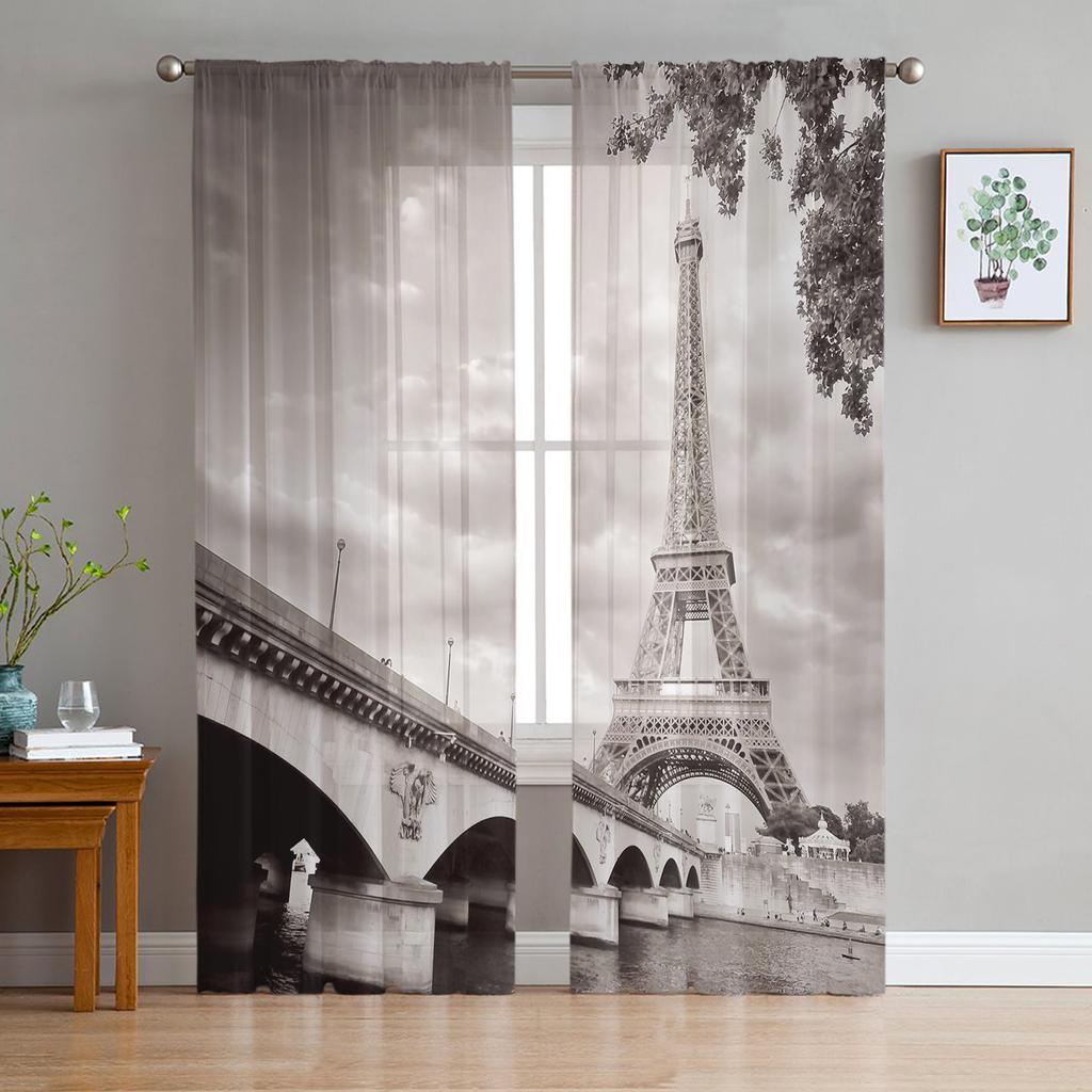 Paris Frankreich Stadtbild mit Eiffelturm Sonnenuntergang Chiffon transparente Vorhänge für Wohnzimmer Schlafzimmer Fenster Voiles Tüll Vorhang