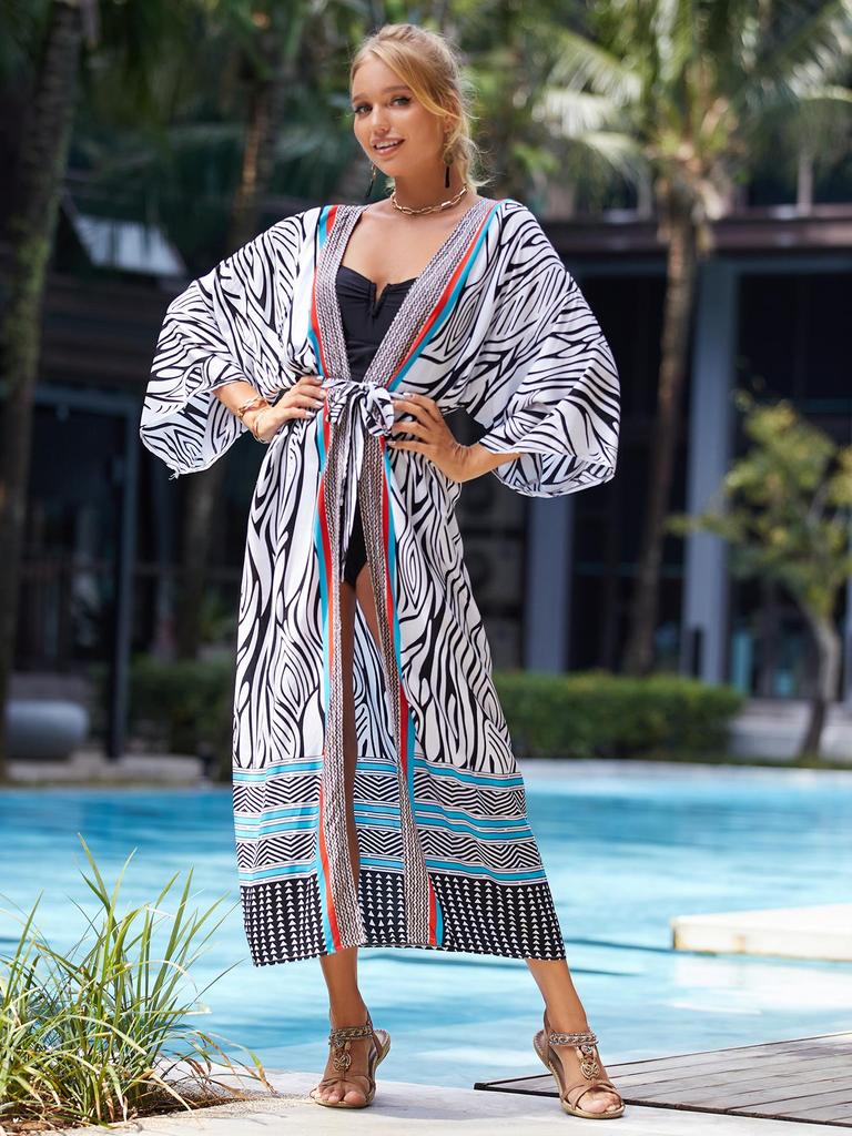 2023 European & American Rayon Waist Tie Beach Cover-up Sun Protection Cardigan for Women - Swimsuit and Bikini Outerwear