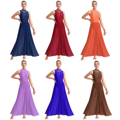 Womens Lyrical Dance Dress Sleeveless Mock Neck Cutout Back Wide Hem Rhinestone Performance Gown
