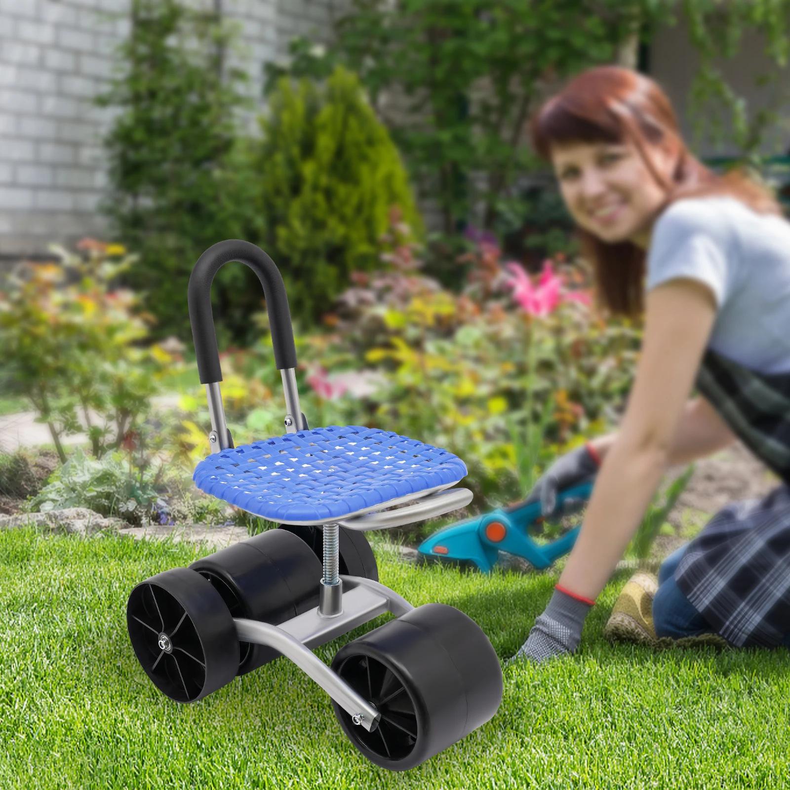 Garden Rolling Stool Workseat with 4 Wheels, Stable Sturdy Cart Seat, Adjustable Height and Direction Kneeling Pad for Gardening blu