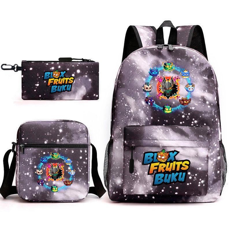 Mochila Escolar para Adolescentes Jogo Blox Fruits Fruta do Demônio Escola Primária Estrela Pintura Térmica Conjunto de 3 peças