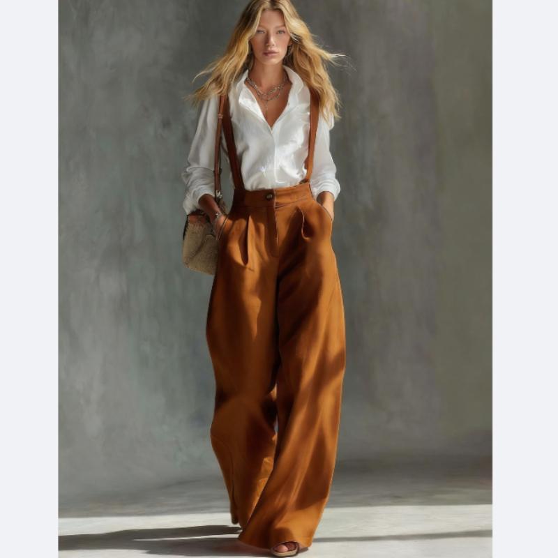 French Lazy Style Cherry  Suspender Trousers for Women, High-Waisted Loose Wide-Leg Casual Pants , Figure-Flattering Straight-Leg Long Pants