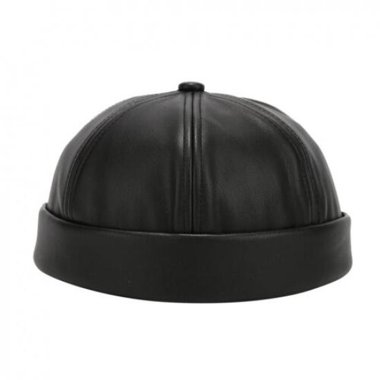 Women Men Faux Leather Docker Cap Hat Round Top Brimless Design Hat Solid Color