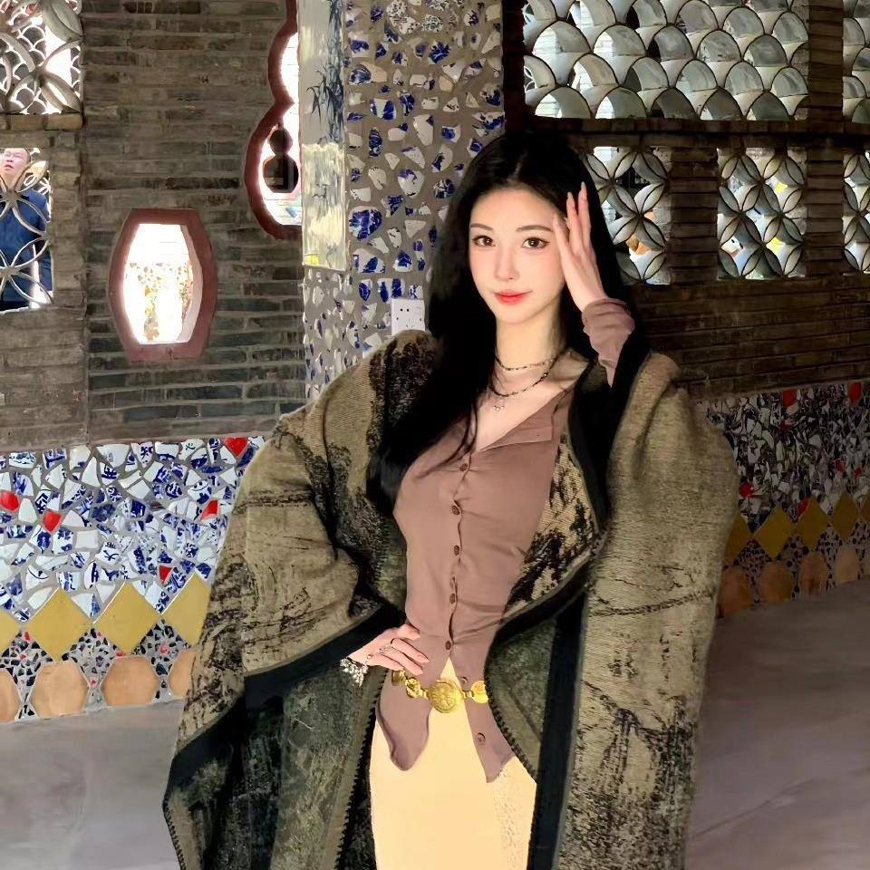 Ethnic Ink Painting Tassel Shawl Cape - Imitation Cashmere, Women's Travel Outfit