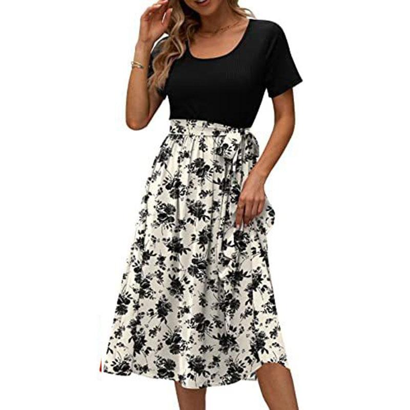 Summer Women's Dress Round Neck Splicing Lace-up Print Short-sleeved Casual Dresses