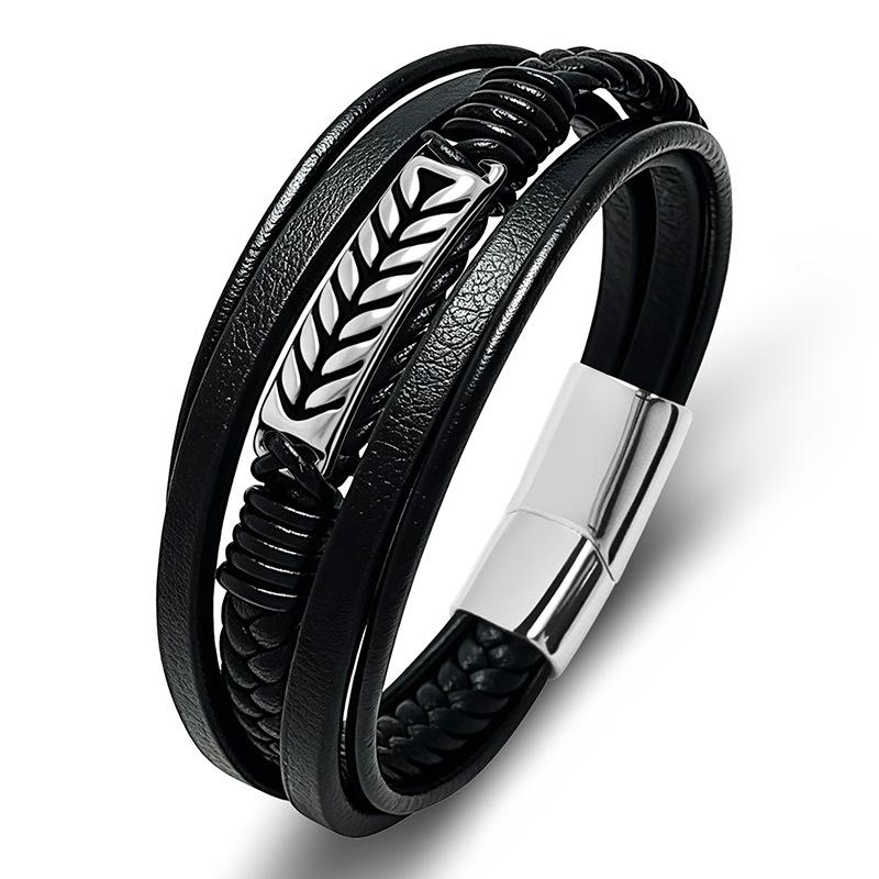 2026 Rice Ear Nameplate Handmade Multi-rope Woven Men s Leather Bracelet 16.5CM